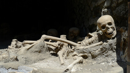 Excavation site with bones and a skull of human in the dust with a dark background