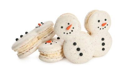 Beautifully decorated Christmas macarons on white background