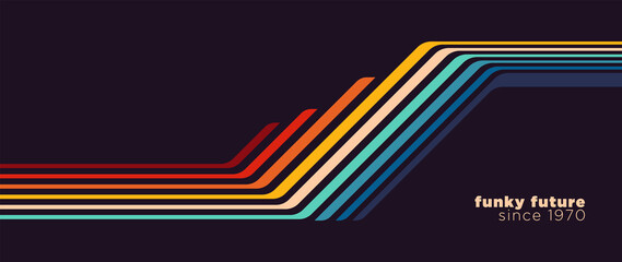 Abstract 1970's background design in futuristic retro style with colorful lines. Vector illustration. - obrazy, fototapety, plakaty
