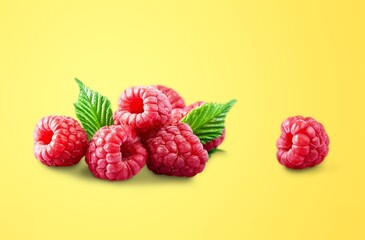 Fresh red raspberries with green leaf
