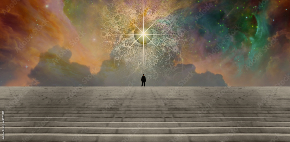 Wall mural man on steps under surreal sky with colorful nebula