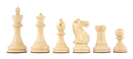Row of wooden chess pieces on white background