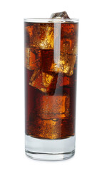 Glass of cola with ice cubes isolated on white. Refreshing soda water