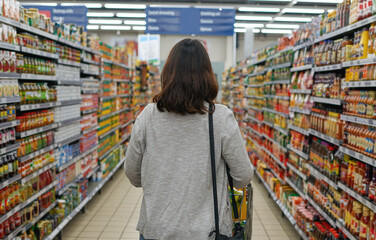 Browsing through the aisles. Rear view shot of a woman browsing through an aisle in a grocery store.