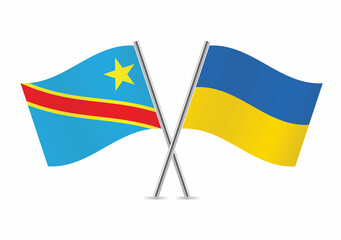 The Democratic Republic of the Congo and Ukraine crossed flags. DR Congolese and Ukrainian flags, isolated on white background. Vector icon set. Vector illustration.