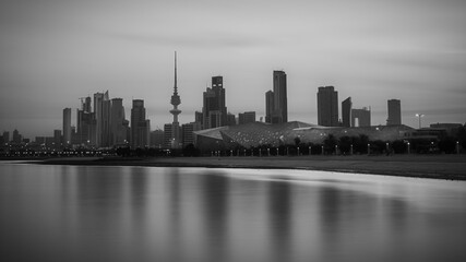 Grayscale shot of the Kuwait City, Liberation Tower, Downtown Kuwait City