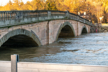 Fototapeta premium Flood barriers put in place to protect Bewdley river from flooding,Bewdley,Worcestershire,England,UK..