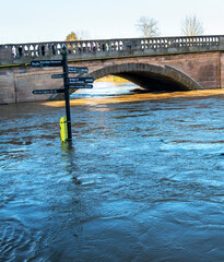 Bewdley floods and high river levels submerging a signpost,Bewdley,Worcestershire,England,UK.