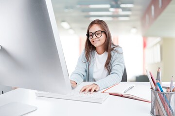 Happy student girl watching webinar, attending online class, learning conference,