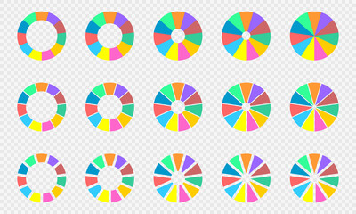 Pie and donut charts set. Colorful circle diagrams divided in 11 sections. Infographic wheels. Round shapes cut in eleven equal parts isolated on transparent background. Vector flat illustration.