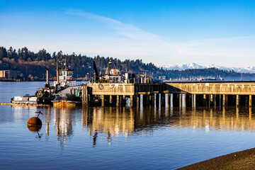 Beautiful view of fishing boat vessel on the port in Olympia, Washington