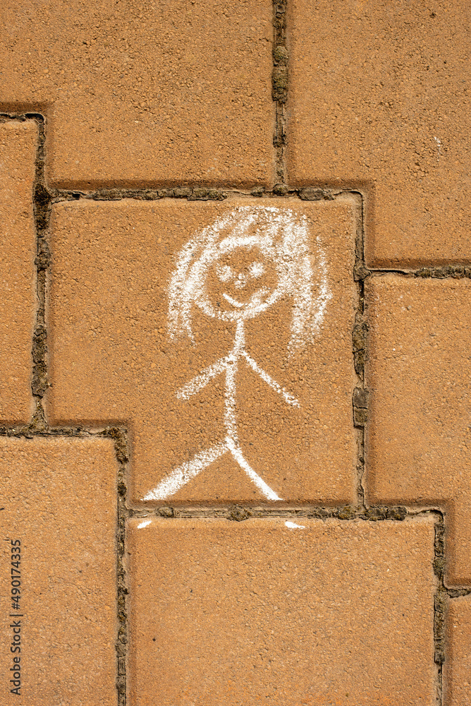 Sticker Simple chalk drawing of a girl on paving the sidewalk of a street