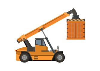Container handler forklift lifting container. Simple isolated and colored illustration.