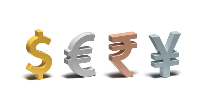3d rendering of four different world popular currency symbol