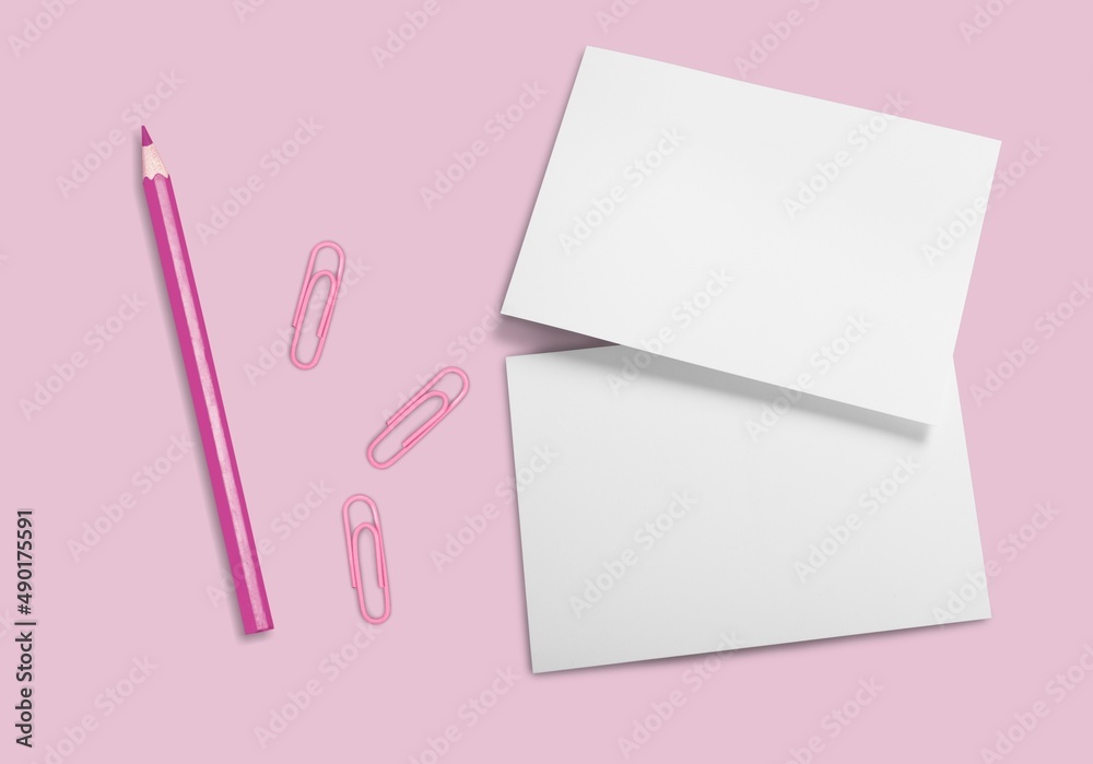 Poster Blank notepad, sticky notes mock up, pink background office desk