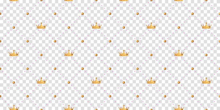 Seamless pattern in retro style with a gold crown and polka dots on white background. Cute wallpaper for little princesses. Vector illustration