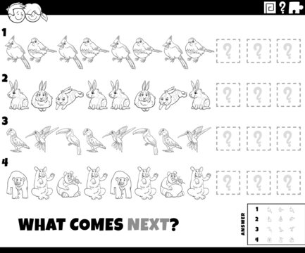 pattern task with cartoon animals coloring book page