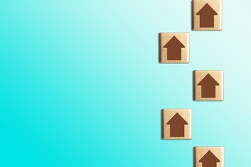 Chain of arrows wooden blocks. Consistency and focus. Concept of conformism, vertical of power.