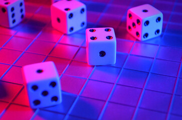 Rolling Dice on a Grid | Rolling Die on a Grid Pattern | Playing Dice with Pink and Blue Lighting | Playing Die | Pink and Blue Lighting