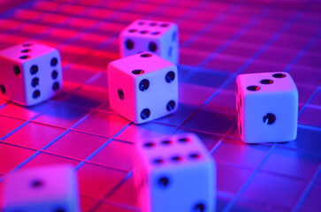 Rolling Dice on a Grid | Rolling Die on a Grid Pattern | Playing Dice with Pink and Blue Lighting | Playing Die | Pink and Blue Lighting