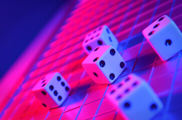 Rolling Dice on a Grid | Rolling Die on a Grid Pattern | Playing Dice with Pink and Blue Lighting | Playing Die | Pink and Blue Lighting
