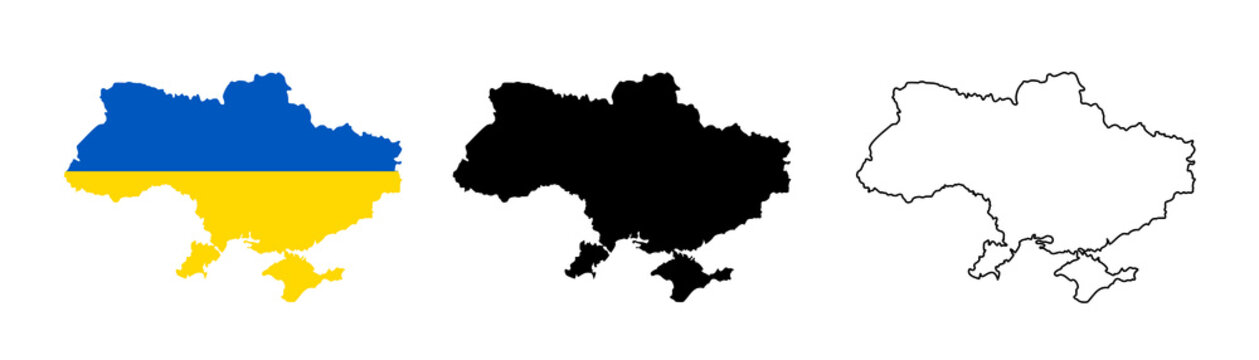 Ukraine map icon. Ukraine silhouette flag collection signs. Ukrainian cartography border icons. Stock vector