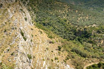 Aerial panoramic view of landscape of green mountains. The horizontal landscape in mountains. Travel trip background for publication, poster, calendar, post, wallpaper, card, banner, cover, website
