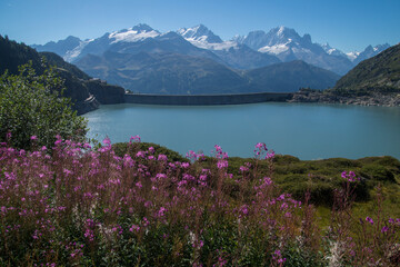 Beautiful view of Emosson Dam with mountains background in Switzerland