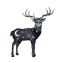 Celestial deer with universe - stars and moon. Beautiful fantasy watercolor animal with night sky, space for mystery tattoo, universe design
