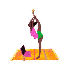 Yoga class at home. Live streaming online lesson with woman teacher in mobile app. Vector illustration in a flat style