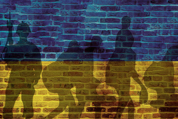 Ukraine flag on wall and shadows of soldier and refugees leaving. Ukraine war concept - Powered by Adobe