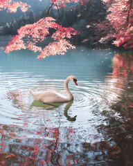 Vertical shot of a swan swimming in the lake in Japan. © Thierry Gibralta/Wirestock