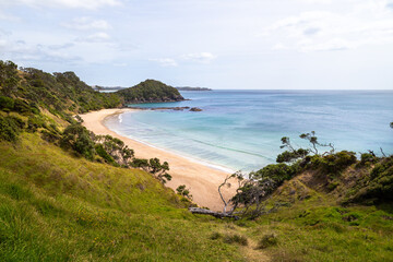 View over a deserted private beach near Sandy Bay on New Zealand's Tutukaka Coast.