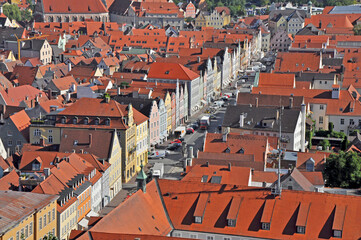 Aerial view over red roofs and main square of Landshut, Germany