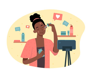 Young beauty blogger abstract concept. Nice woman tests cosmetic products, reviews procedures and shoots it on camera for her audience. Makeup training. Cartoon modern flat vector illustration