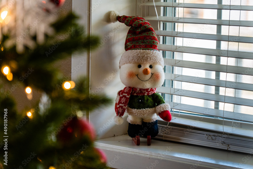 Sticker Closeup of indoor Christmas decorations Snowman