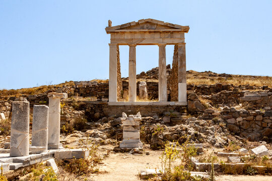 Daylight shot of the Greek ruins of the archaeological site of Delos Island, Greece