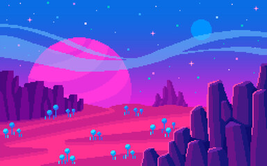 Pixel art background. Sharp stones and plants on alien planet.