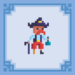 A pirate captain with bottle. Pixel art character. Vector illustration