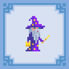 Old witch man with magic stick. Pixel art wizard character. Vector illustration