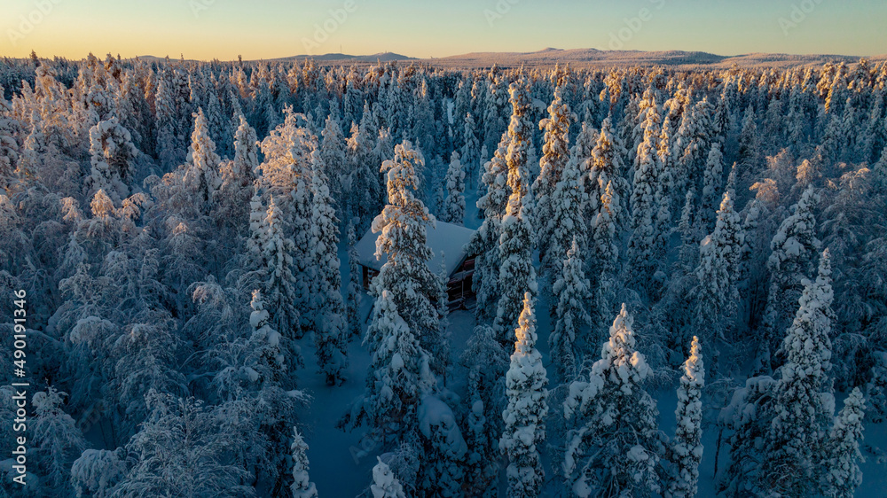 Canvas Prints cabin in snow covered, winter, sunset forest of Lapland 02