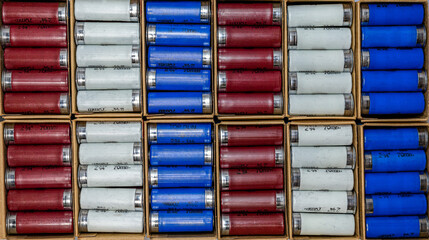 Red, white and blue shotgun shells. Background - obrazy, fototapety, plakaty