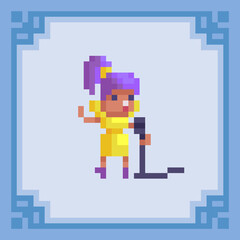 Girl singing with microphone. Pixel art character.