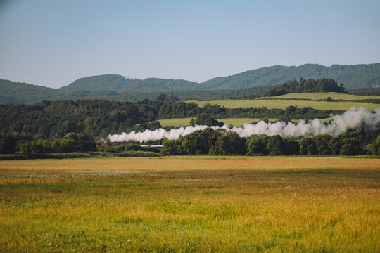 Steam Engine Locomotive Going Across The Country.