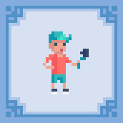 Fototapeta premium Blogger recording tutorial video for his vlog. Pixel art character.