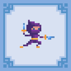 Ninja with ancient weapon. Pixel art character. Vector illustration