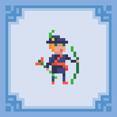 Archer standing with his bow. Pixel art character. Vector illustration