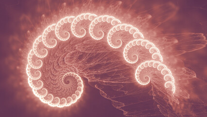 Whimsical and Nostalgic Calming Coral Nautilus Spiral Fractal Background..Soft dreamy faded orange pink abstract conic shell pattern.