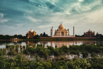 Taj Mahal on the south bank of Yamuna River in Agra, India