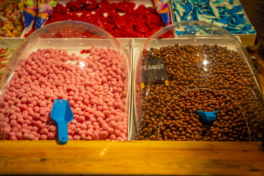 Closeup Of Colorful Sweets, Choco Nutties And Strawberry Millions At The Supermarket